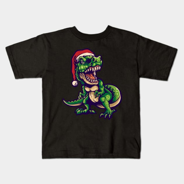 Dinosaur T-Rex with Santa Claus Hat Kids T-Shirt by KarolinaPaz